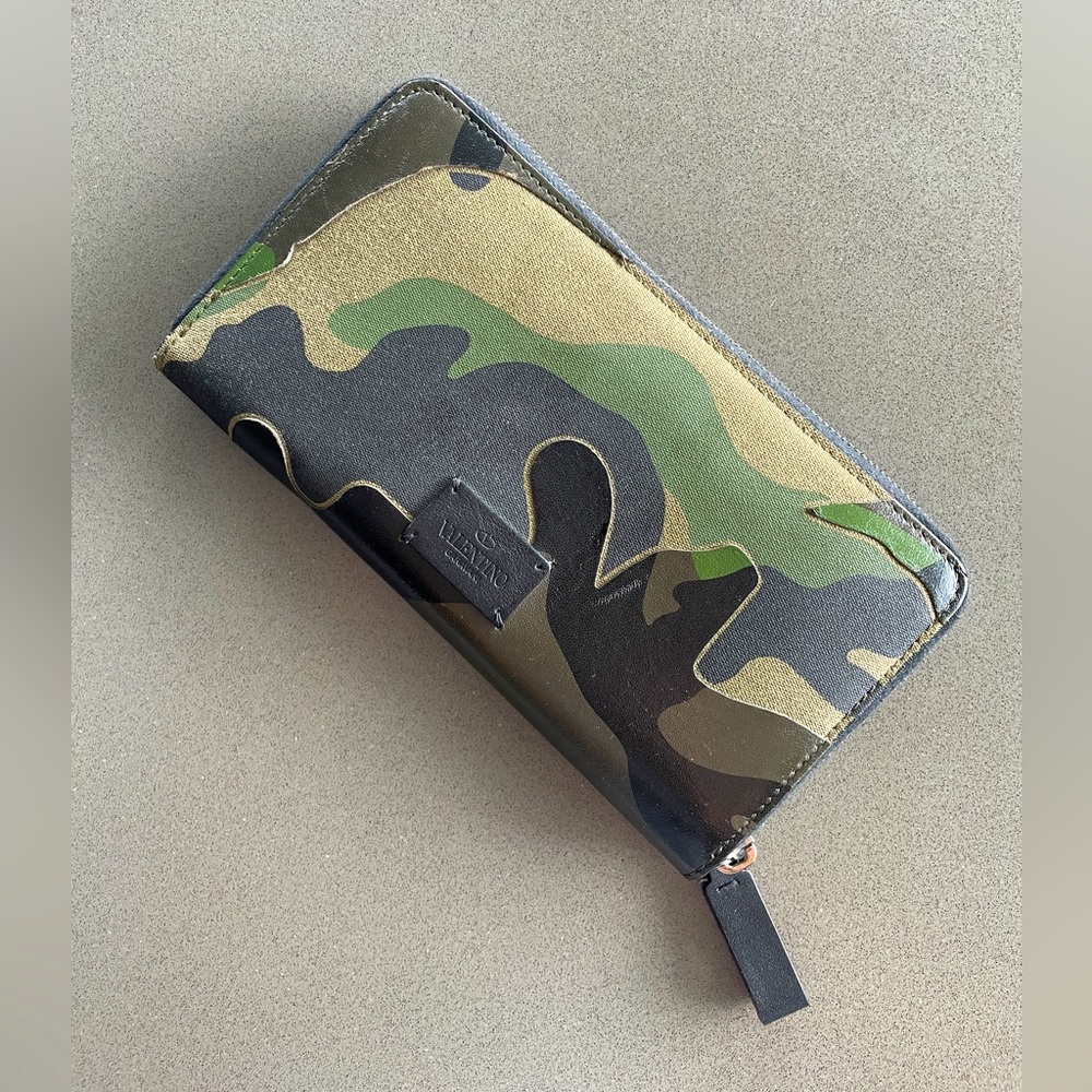 Valentino leather/canvas camouflage continental wallet